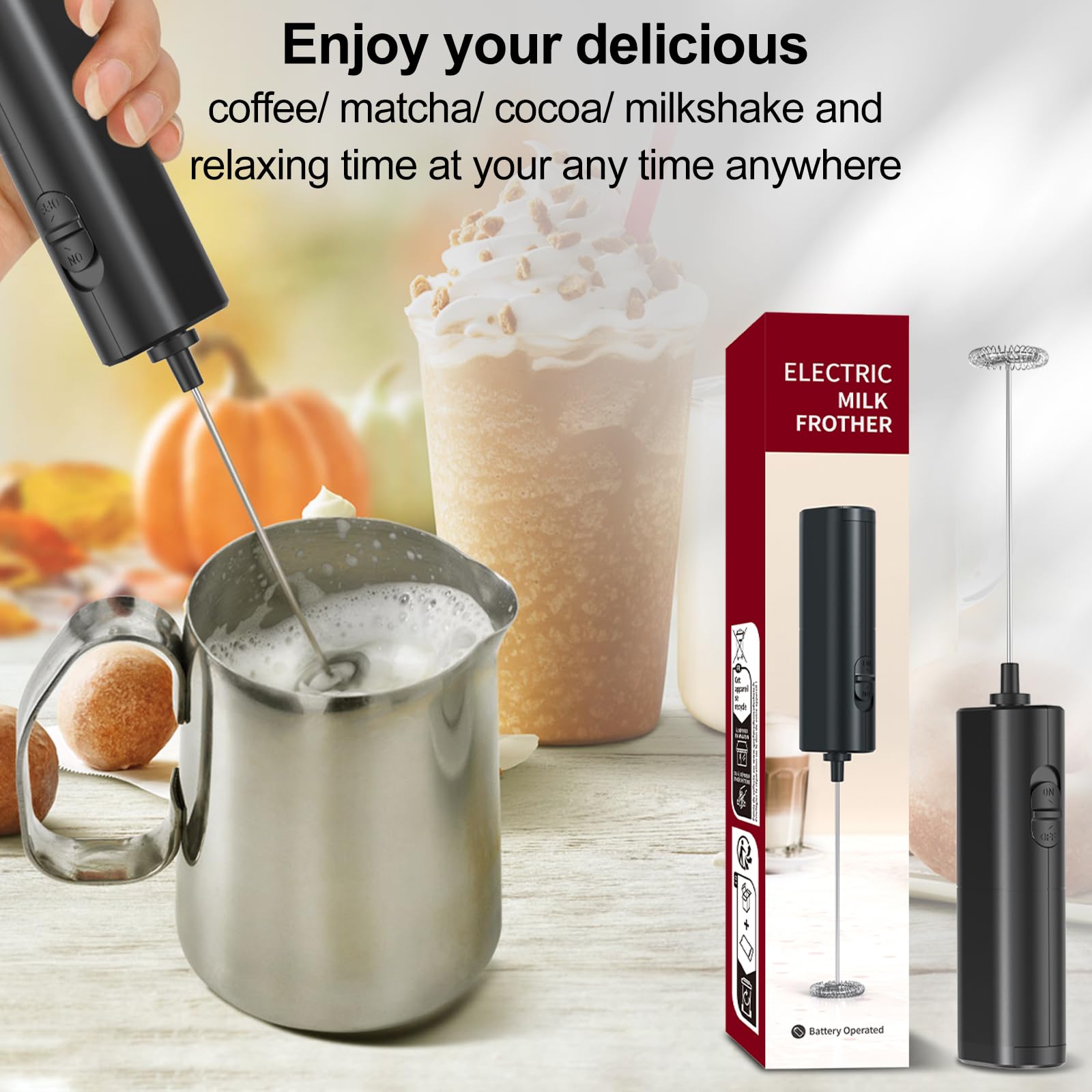 COKUNST Handheld Milk Frother - Battery Powered Mini Whisk & Drink Mixer for Coffee, Matcha, Latte, Cappuccino & Hot Chocolate | Portable Foam Maker for Home, Office & Travel Use