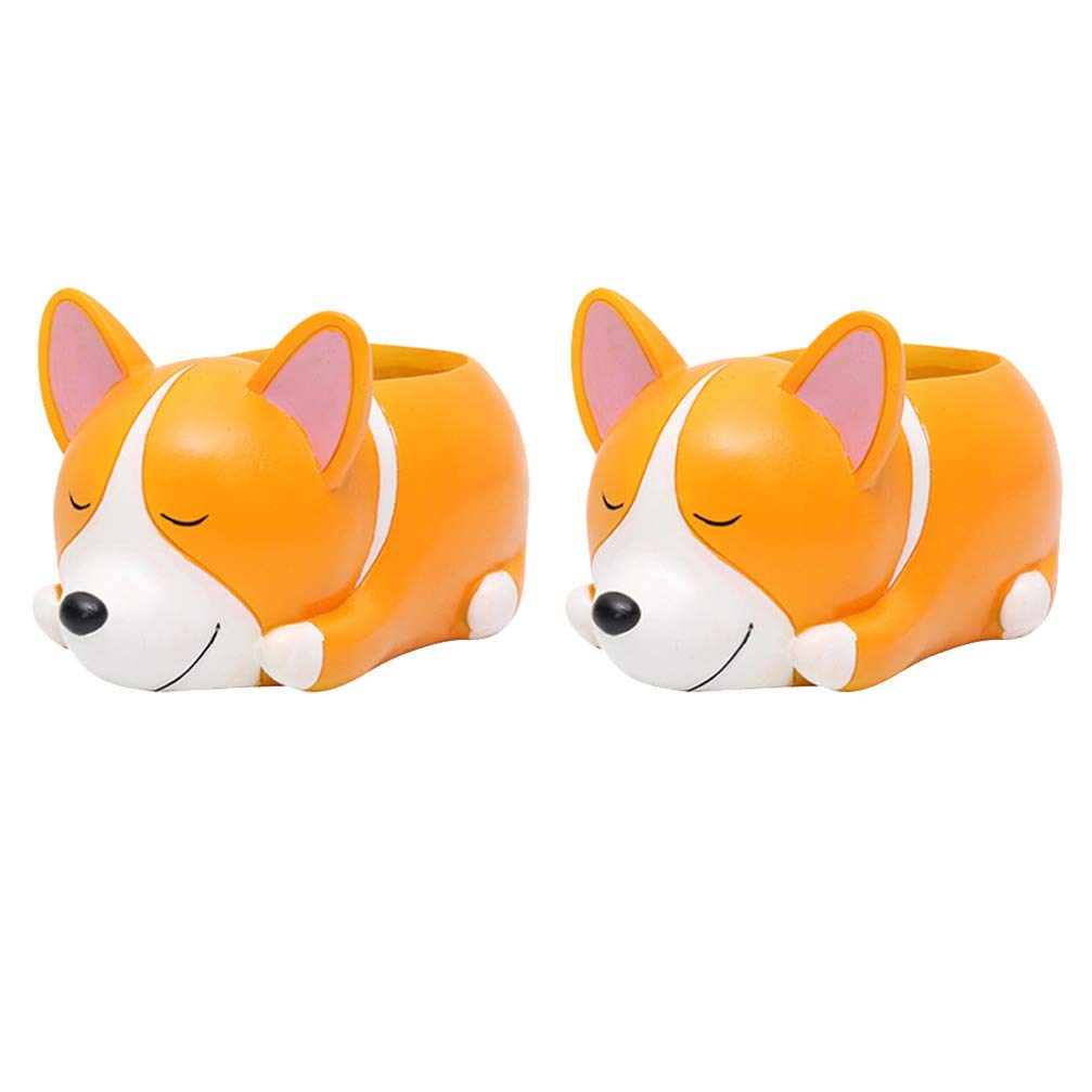 2pcs Corgi Succulent Planter Pots - Cute Cartoon Dog Flower Pots for Plants, Home & Office Decor, Desktop Sculpture & Pen Holder - Perfect for Succulents, Small Plants, Gifts & Indoor Gardening