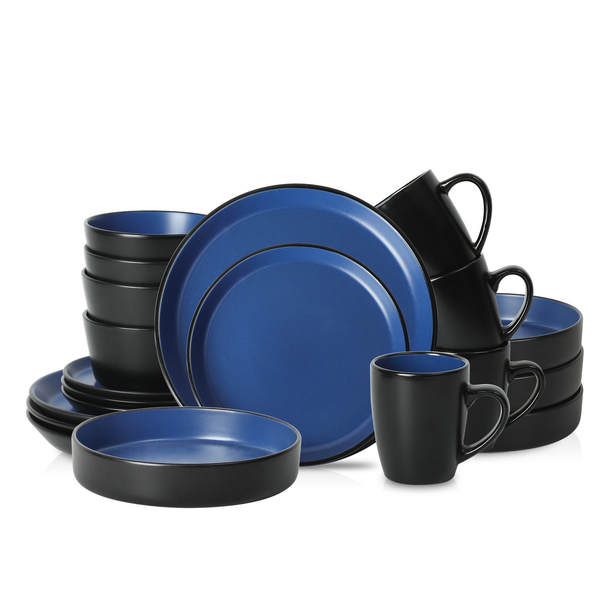 Premium Albie Stoneware Dinnerware Set - 16-Piece Blue & Black Ceramic Plates & Pasta Bowls for Everyday Dining & Entertaining