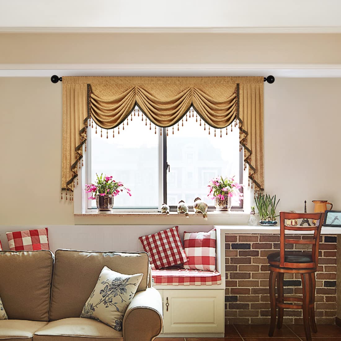 ELKCA Jacquard Waterfall Valance with Luxury Beads - Yellow Window Curtain Valance for Living Room, Rod Pocket Design, 1 Panel (79 Inches Wide) - Perfect for Living Room, Bedroom & Home Decor