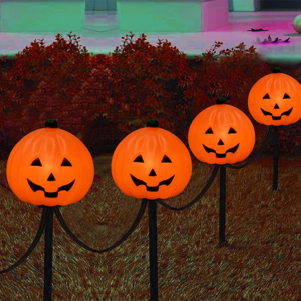 Halloween Pumpkin Pathway Stake Lights - 7 Ft Outdoor String Lights with 4 C7 Bulbs for Driveway, Garden & Walkway Decor | Waterproof Halloween Party Lighting for Yard, Porch & Holiday Decorations