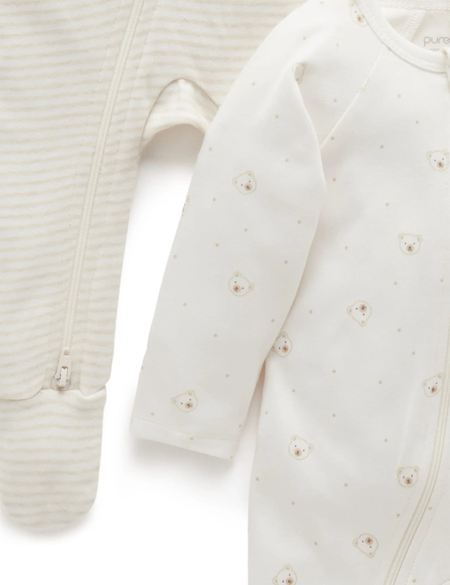 Purebaby Organic Zip Growsuit 2 Pack - Soft Cotton Baby Sleepwear for Boys & Girls (Vanilla Bear Print) - Perfect for Newborns, Infants & Toddlers - Cozy Nursery Wear for Daycare & Bedtime
