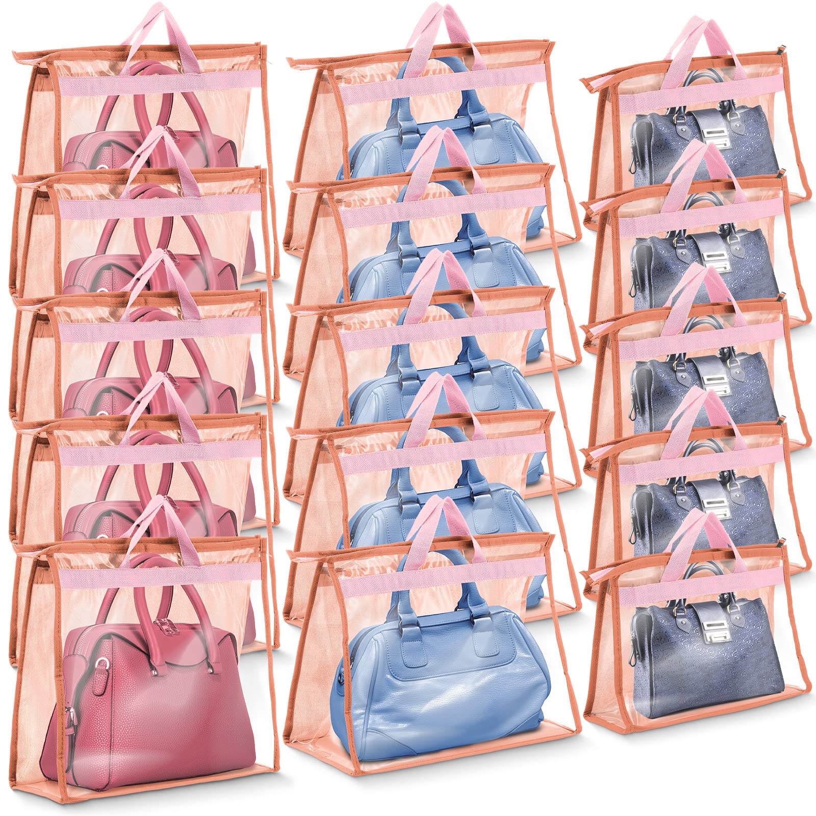 Shappy 15-Piece Clear Dust Cover Organizer Bags for Handbags & Purses - 3 Sizes (5 Each) with Zipper & Handles - Pink Handbag Storage Bags for Closet Organization | Perfect for Travel, Home Storage & Luxury Bag Protection
