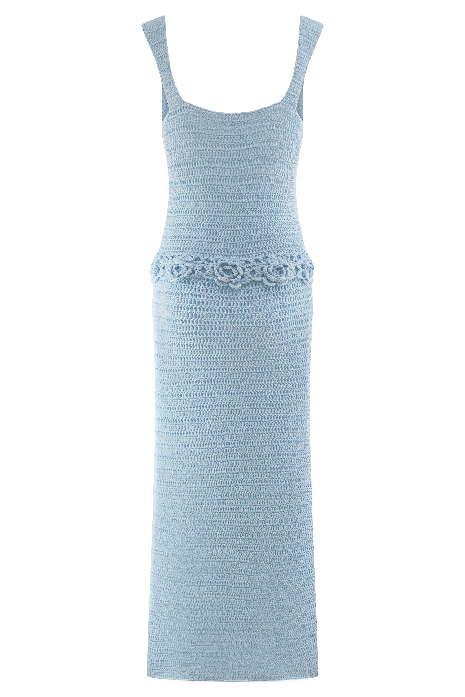 Teagan Floral Hand Crochet Midi Dress in Blue | Boho Summer Dress for Beach, Wedding & Vacation