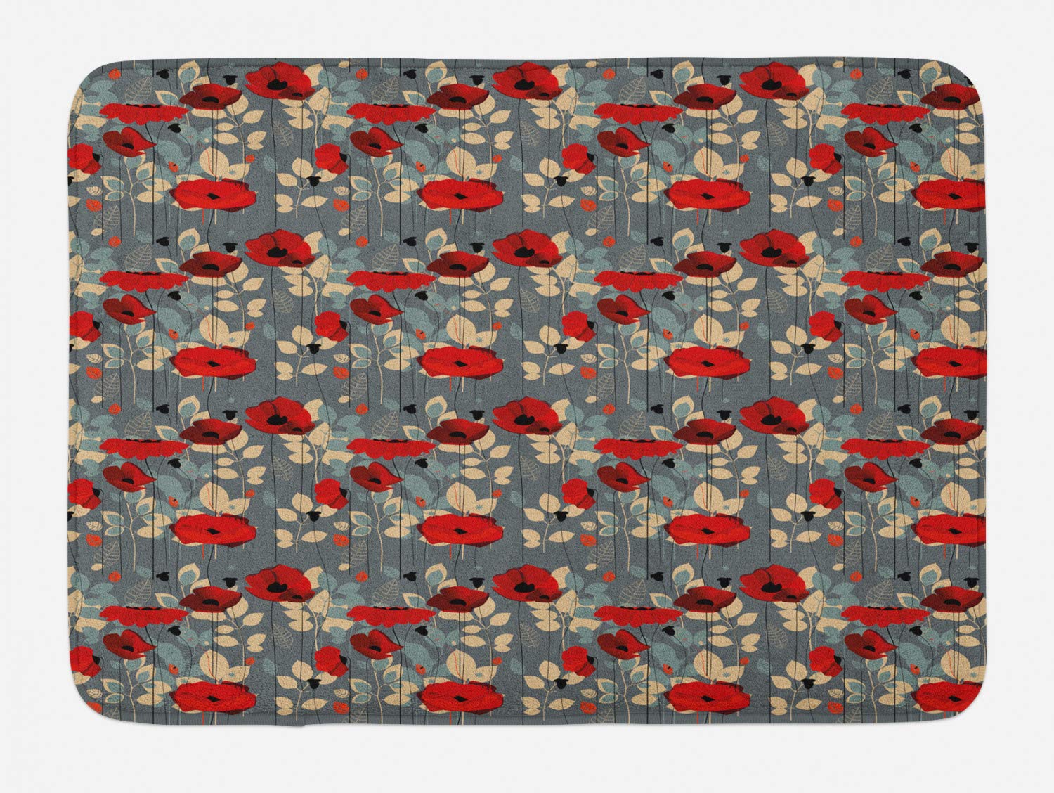 Ambesonne Poppy Flower Bath Mat - Non-Slip Plush Bathroom Rug, 30.2 x 20 Inches, Grey Red Beige - Modern Botanical Decor for Bathroom, Shower & Vanity Areas