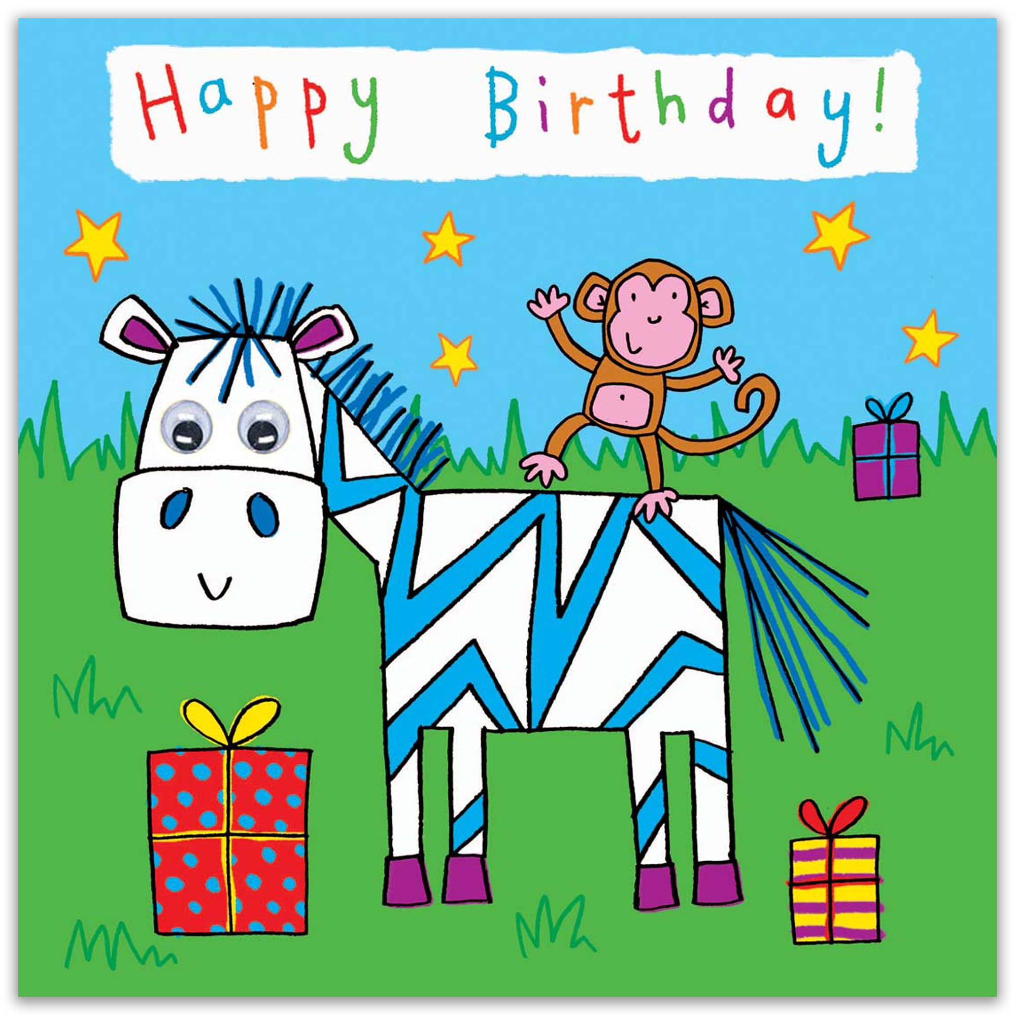 Twizler Happy Birthday Card for Kids - Fun Zebra & Monkey Party Design with Hand-Finished Googly Eyes - Perfect Children's Birthday Card for Girls & Boys - Ideal for Birthday Parties, School Celebrations & Gift Giving