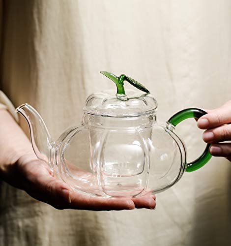 Premium Glass Tea Infuser with Warmer & Matching Cups - Green Pumpkin Design - Perfect for Loose Leaf Tea Brewing at Home, Office or Gifts for Tea Lovers