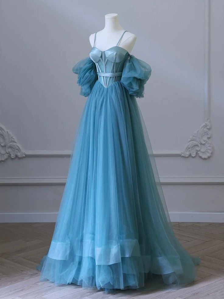 Elegant A-Line Blue Tulle Long Prom Dress for Formal Parties & Special Occasions - J4391 | Perfect for Homecoming, Evening Gala & Wedding Guest Attire