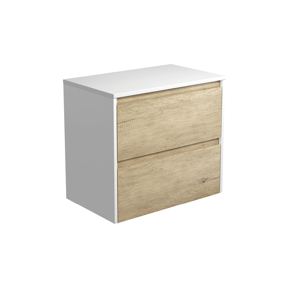 Fienza 75BSW Amato 750 Wall Mounted Bathroom Vanity Cabinet - Satin White Finish with Scandinavian Oak Accents - Modern Floating Storage for Small Bathrooms & Powder Rooms