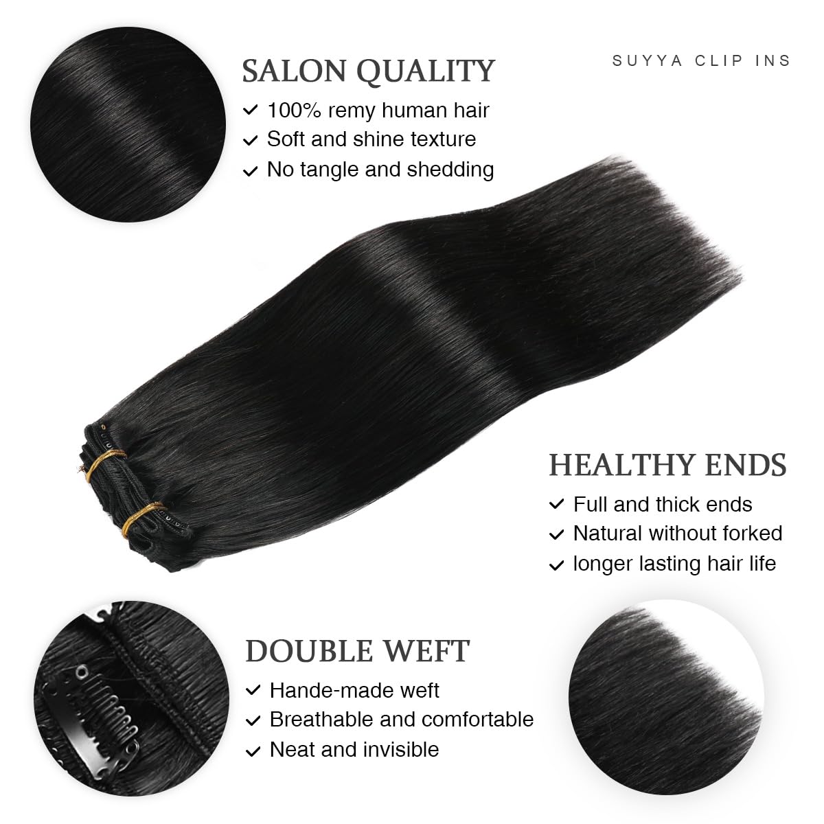 SUYYA 14 Inch 7pcs 110g Jet Black Human Hair Clip-in Extensions - Double Weft Straight Real Human Hair for Styling & Volume - Perfect for Parties, Weddings & Daily Wear