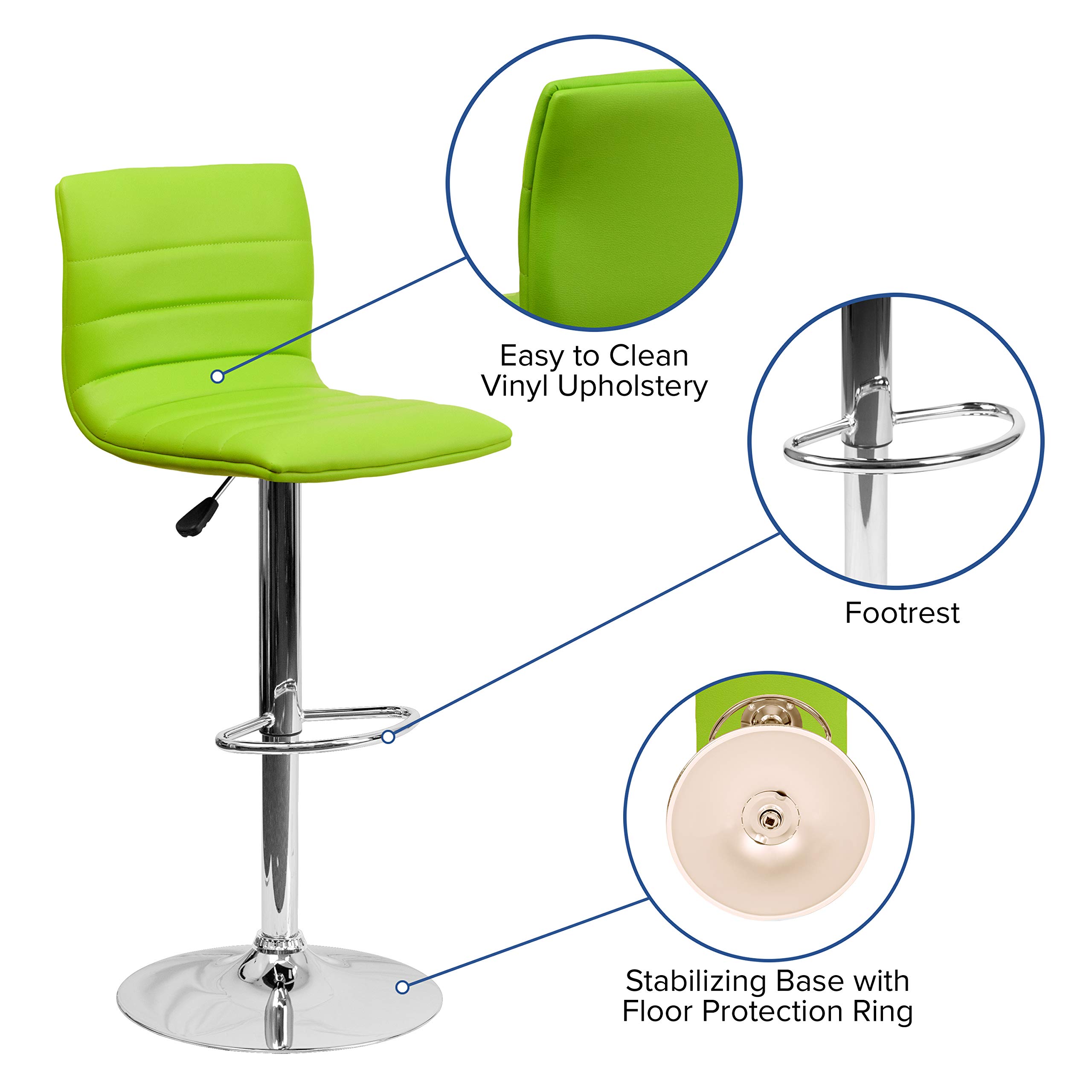 2 Pack Adjustable Height Green Vinyl Bar Stools with Horizontal Stitch Back - Perfect for Kitchen Island, Breakfast Nook & Home Bar Decor