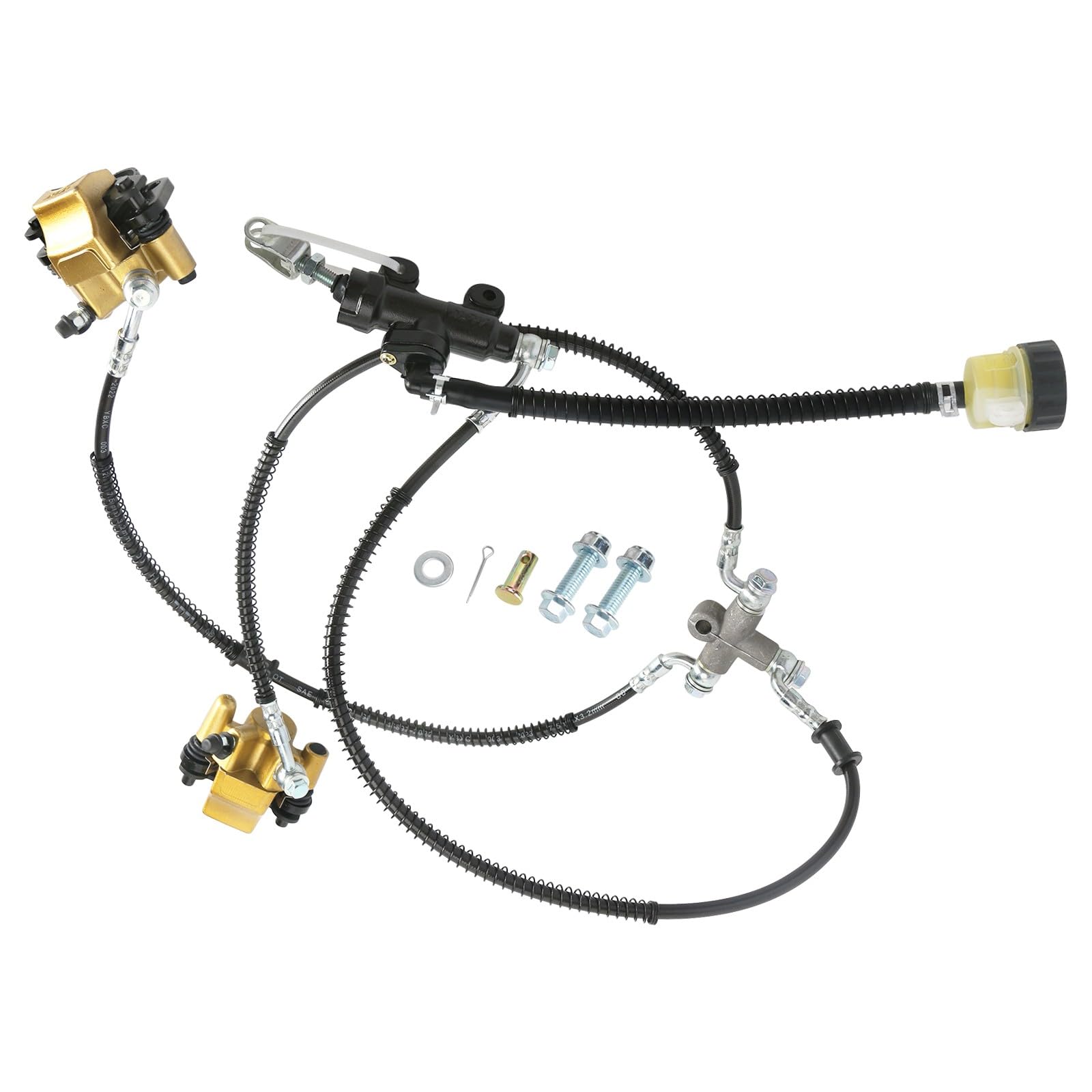 Go Kart 4 Stud Front Wheel Rim Hub Steering Spindle Knuckle Kit with Hydraulic Brake Caliper & Master Cylinder Assembly - Compatible with ATV, Buggy, Golf Cart, Quad, 4 Wheelers & Tricycle - Perfect for DIY Repairs & Off-Road Upgrades