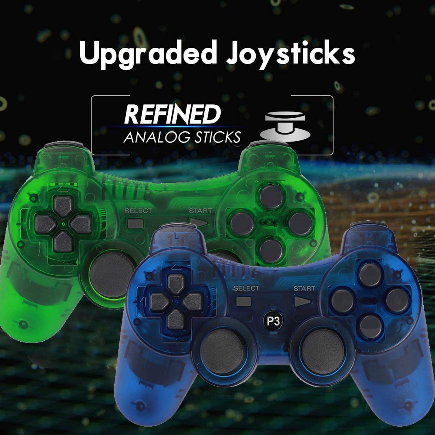 Wireless PS3 Controller 2 Pack with Motion Sensor & Dual Vibration - Upgraded Gaming Controller for Sony PlayStation 3 - Includes Charging Cable (Transparent Green & Blue) - Perfect for Multiplayer Gaming & Long Play Sessions