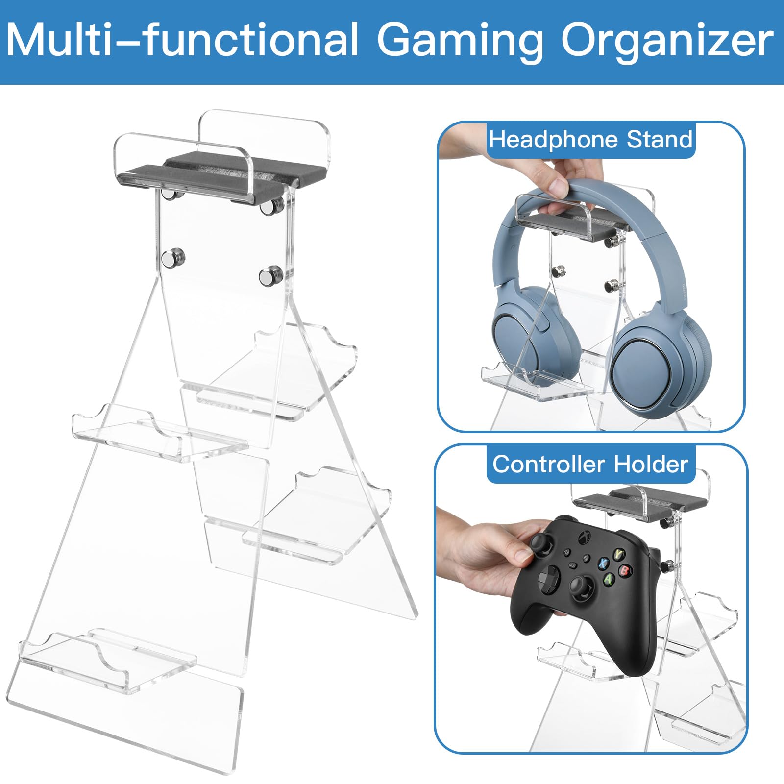 Acrylic Game Controller Stand with Headphone Holder - Universal Gaming Controller Rack Compatible with Xbox, PS4, PS5 & Nintendo Switch - Clear Desk Organizer for Gaming Accessories - Perfect for Gaming Setup, Streaming Station & Home Entertainment System