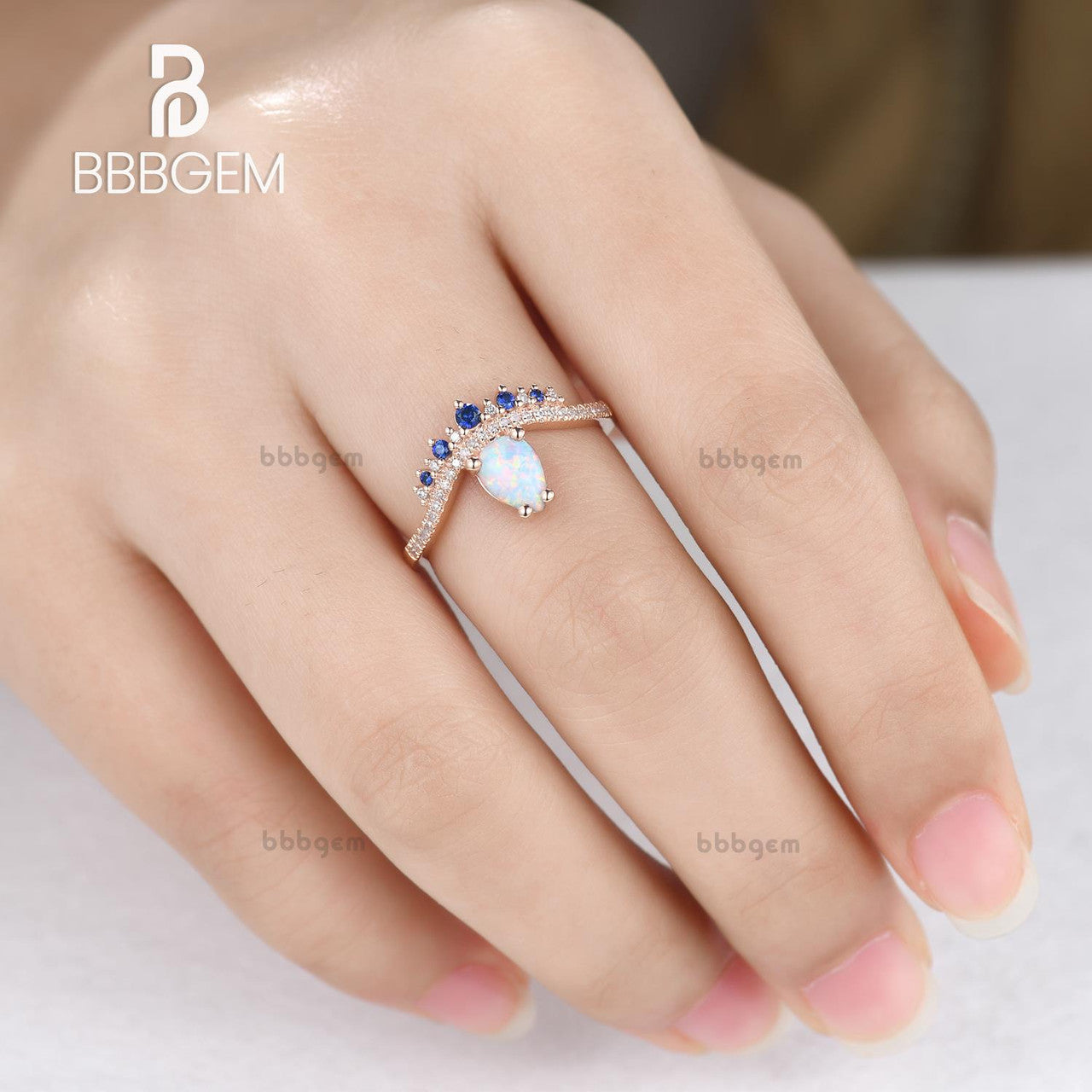 Vintage 14K Rose Gold Pear Cut White Fire Opal & Blue Sapphire Engagement Ring for Women - Elegant Wedding, Anniversary & Promise Jewelry Gift