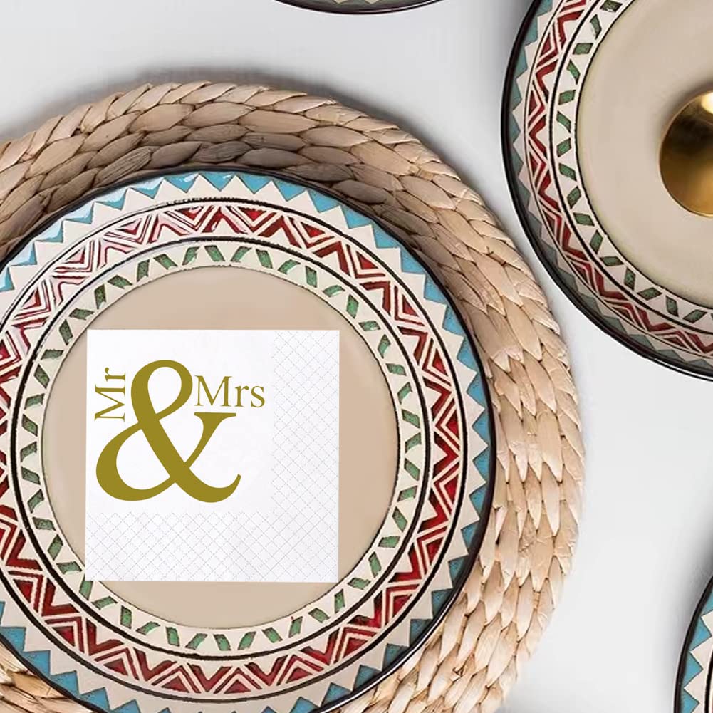 100-Pack Gold Mr and Mrs Wedding Cocktail Napkins - Premium 2-Ply 5x5 Inch Bridal Shower, Engagement, Anniversary & Bachelorette Party Supplies | Perfect for Wedding Receptions, Bridal Showers & Special Celebrations