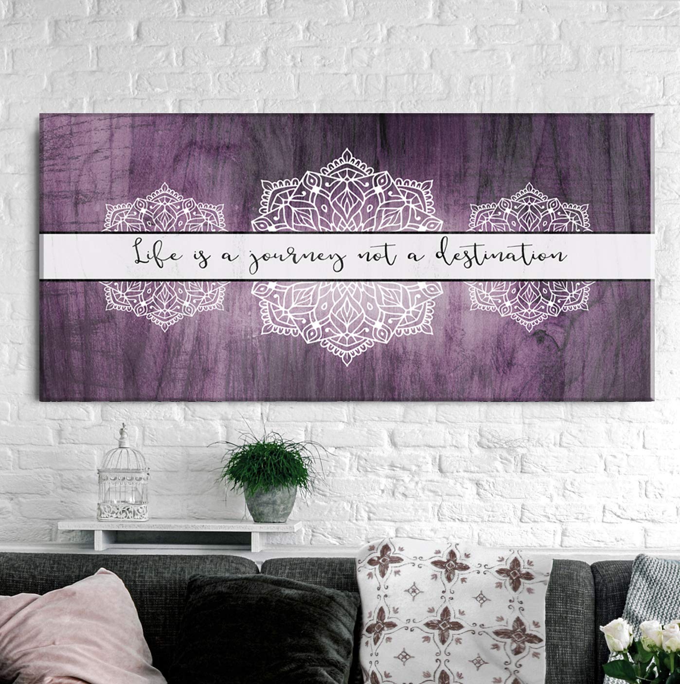 Boho Life Is A Journey Sign - Large Bohemian Floral Canvas Wall Art for Bedroom, Modern Home Decor Framed Poster (42x19 Inches, Purple) - Perfect for Living Room, Nursery & Boho Style Interior Design