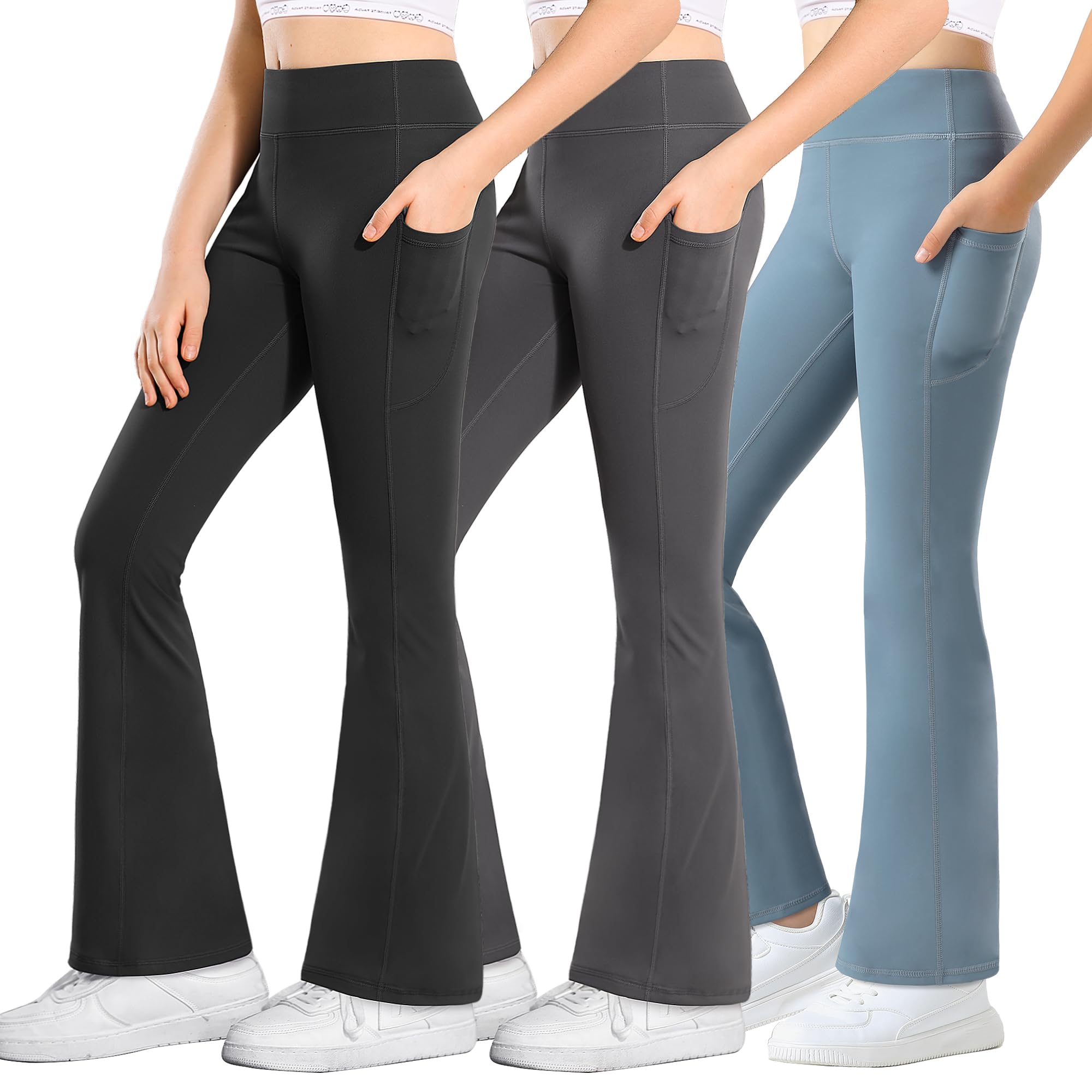 Stelle Girls' High Waisted Flare Leggings with Pockets - Bootcut Yoga Pants for Kids, Dance & Bell Bottom Style | Perfect for Dance Classes, Yoga, School & Casual Wear