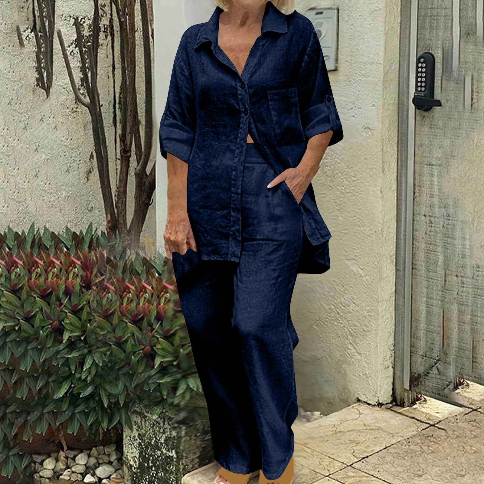 Women's Two Piece Outfits - Oversized Long Sleeve Tops & Pants Sets for Fall & Spring | Casual Cotton Linen Lounge Wear with Pockets | Perfect for Work, Travel & Everyday Comfort