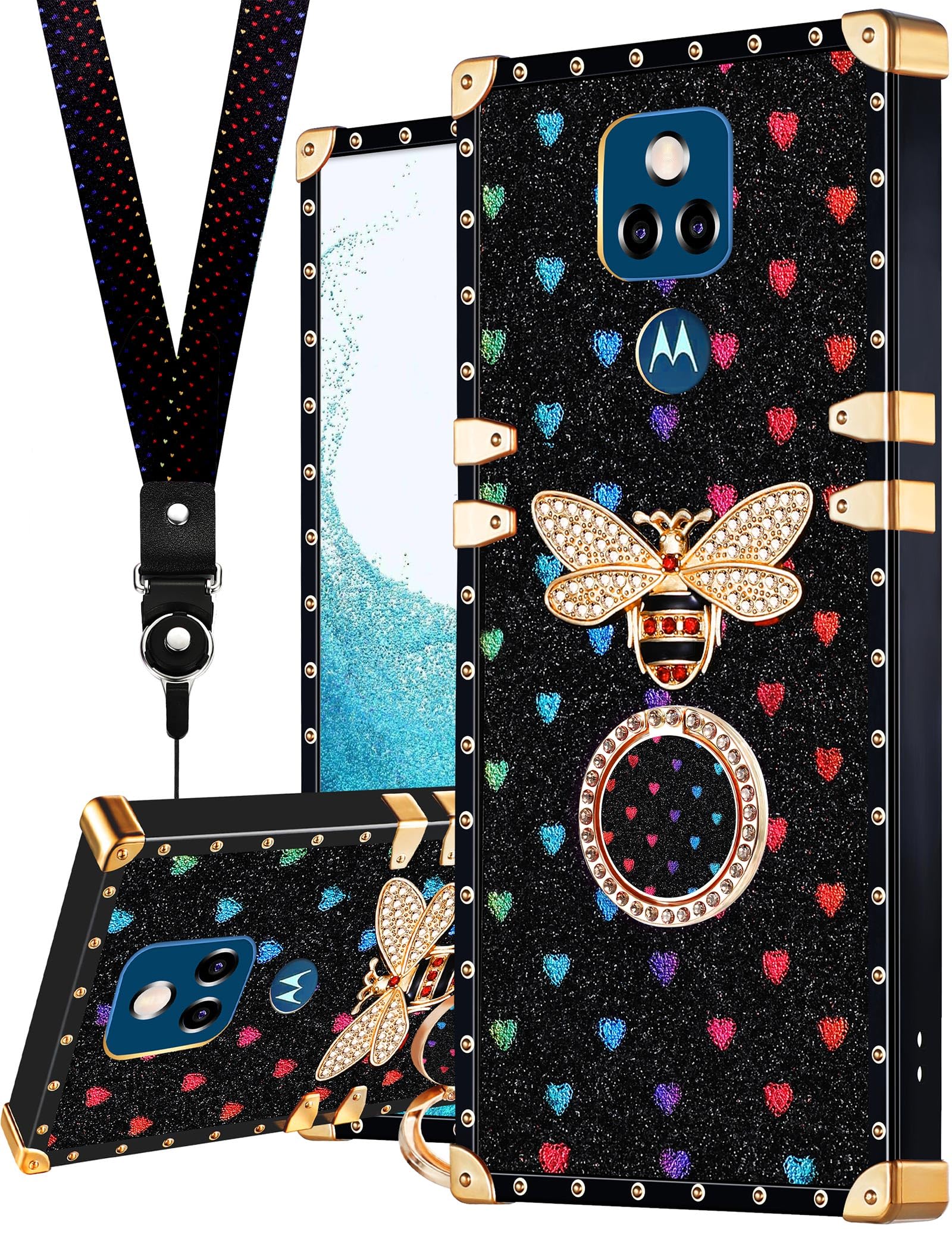 Stylish Luxury Bees Design Phone Case for Motorola Moto G Play 2021 (6.5 Inch) - Shockproof Protective Cover with Ring Stand Holder & Lanyard - Perfect for Women's Daily Use, Work, Travel and Outdoor Activities