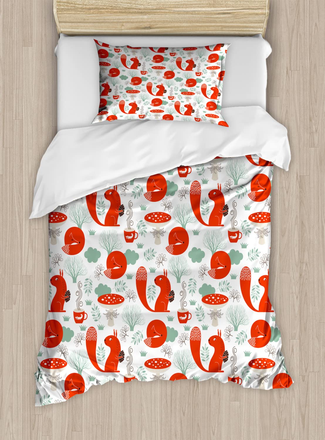 Ambesonne Bohemian Fox & Squirrel Duvet Cover Set - 2 Pack King Size Bedding with 4 Pillowcases, Reseda Green & Dark Brown - Whimsical Animal Print for Cozy Bedroom Decor, Perfect for Nature Lovers & Tea Enthusiasts
