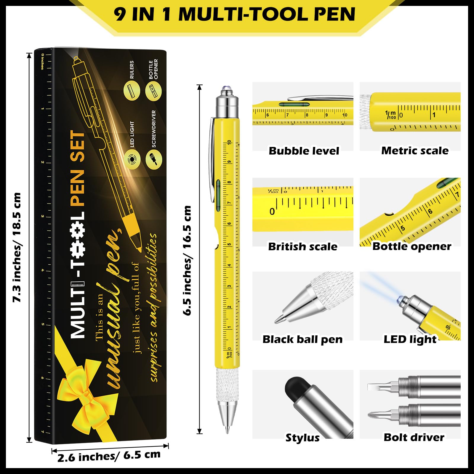 9-in-1 Multitool Pen for Men - Premium Stocking Stuffer, White Elephant & Christmas Birthday Gift for Dad, Husband (Yellow) - Perfect for Camping, Hiking, Office & Everyday Carry