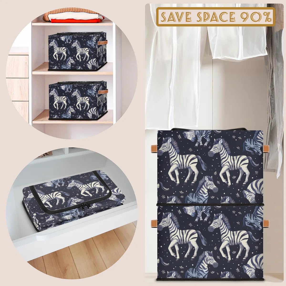 Black Zebra Print Storage Bins with Zipper Lid - 2 Pack Stackable Closet Organizer Baskets, Metal Frame Storage Cubes with PU Handles - Perfect for Clothes, Toys, and Home Organization