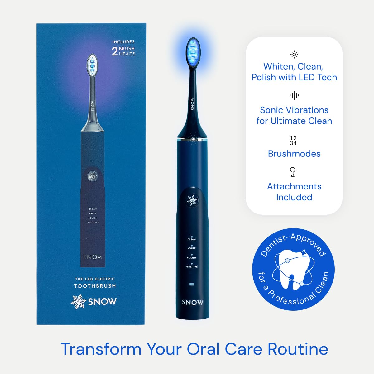 SNOW LED Whitening Electric Toothbrush for Adults - Sonic Toothbrush with LED Light, 5 Cleaning Modes, 2-Minute Timer & Rechargeable Battery - Dentist Recommended Plaque Removal & Teeth Whitening (Polar Blue Gen2) - Perfect for Travel, Home & Daily Oral Care Routine