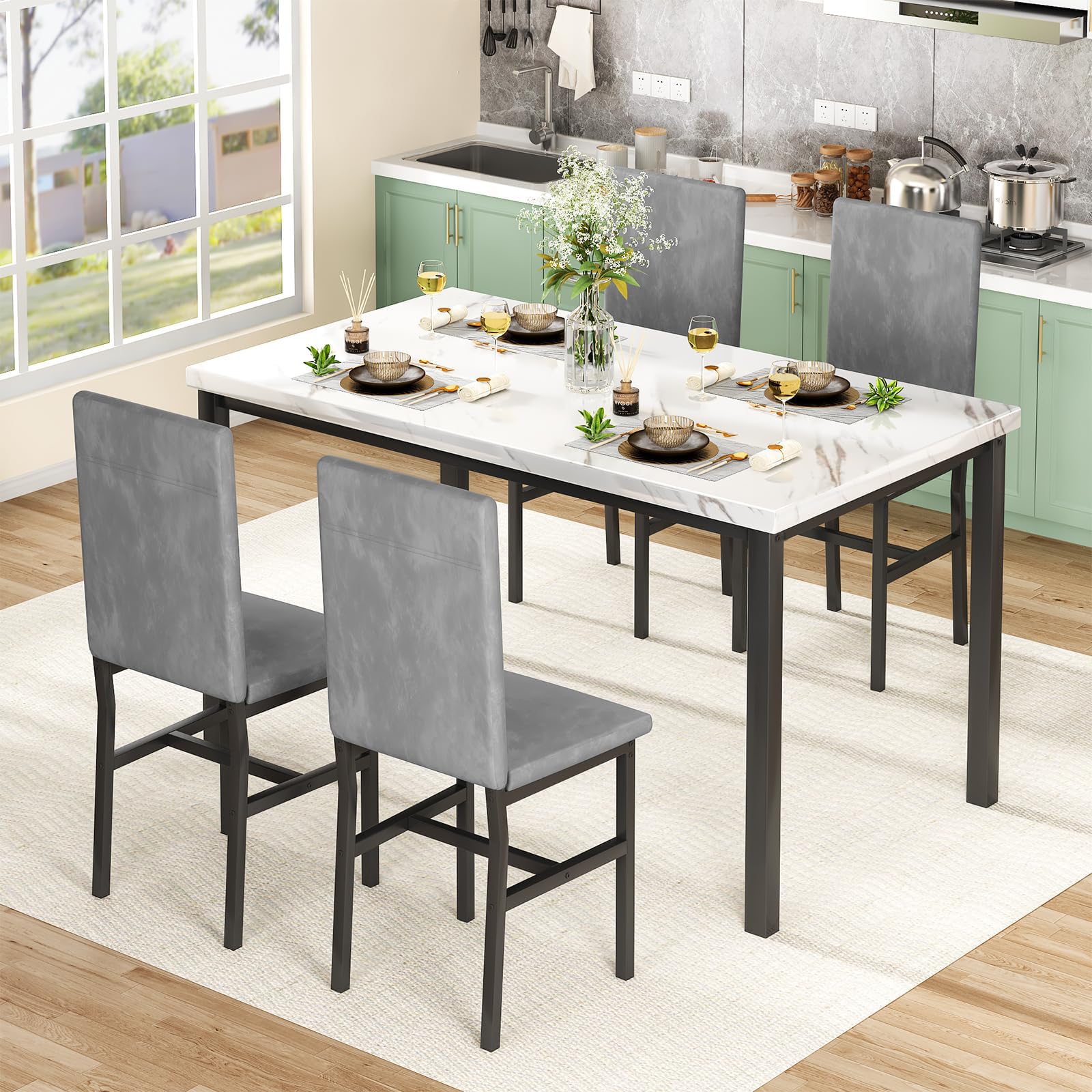 Modern 5-Piece Dining Table Set for 4 with Faux Marble Top & Velvet Chairs - Space Saving Kitchen Table and Chairs for Small Spaces, Apartments (Grey) | Perfect for Breakfast Nooks, Studio Apartments & Cozy Dining Areas