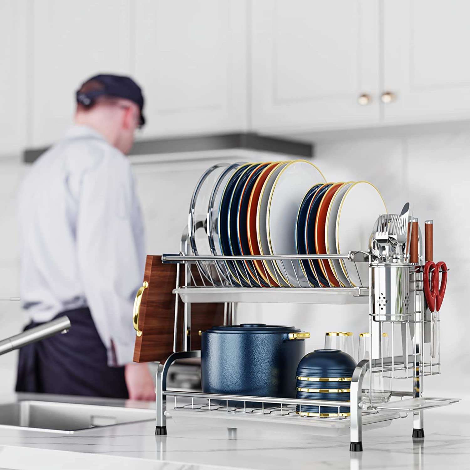 Kesig® 2-Tier Stainless Steel Dish Drying Rack with Drain Board - Space Saving Kitchen Countertop Organizer with Utensil Holder & Cutting Board Storage - Perfect for Small Apartments, RV Kitchens & Dish Drainer Needs (1-Pack)