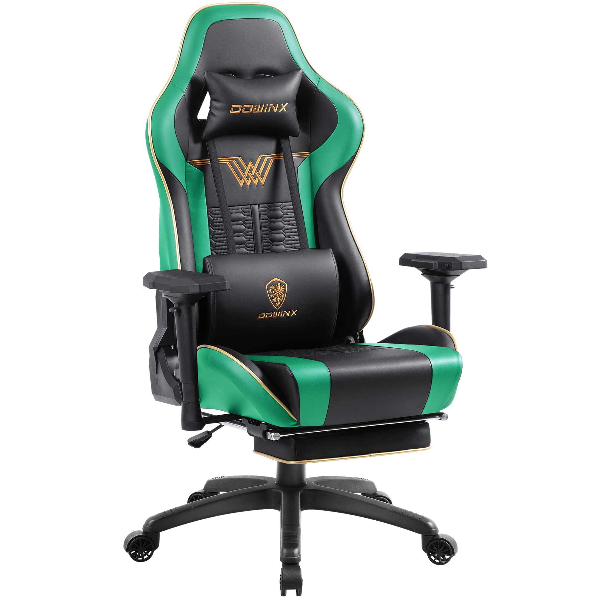 Dowinx Ergonomic Gaming Chair with High Back, Footrest & 4D Adjustable Armrests - Breathable PU Leather Computer Chair for Office & Home - Massage Feature, Green (Ideal for Gamers & Remote Workers)