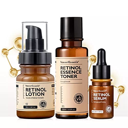 Retinol Anti Aging Face Cream & Serum Set - Vibrant Glamour Retinol Skincare for Wrinkles & Fine Lines - Includes Toner, Serum & Moisturizer - Perfect for Night Routine & Dry Skin Care