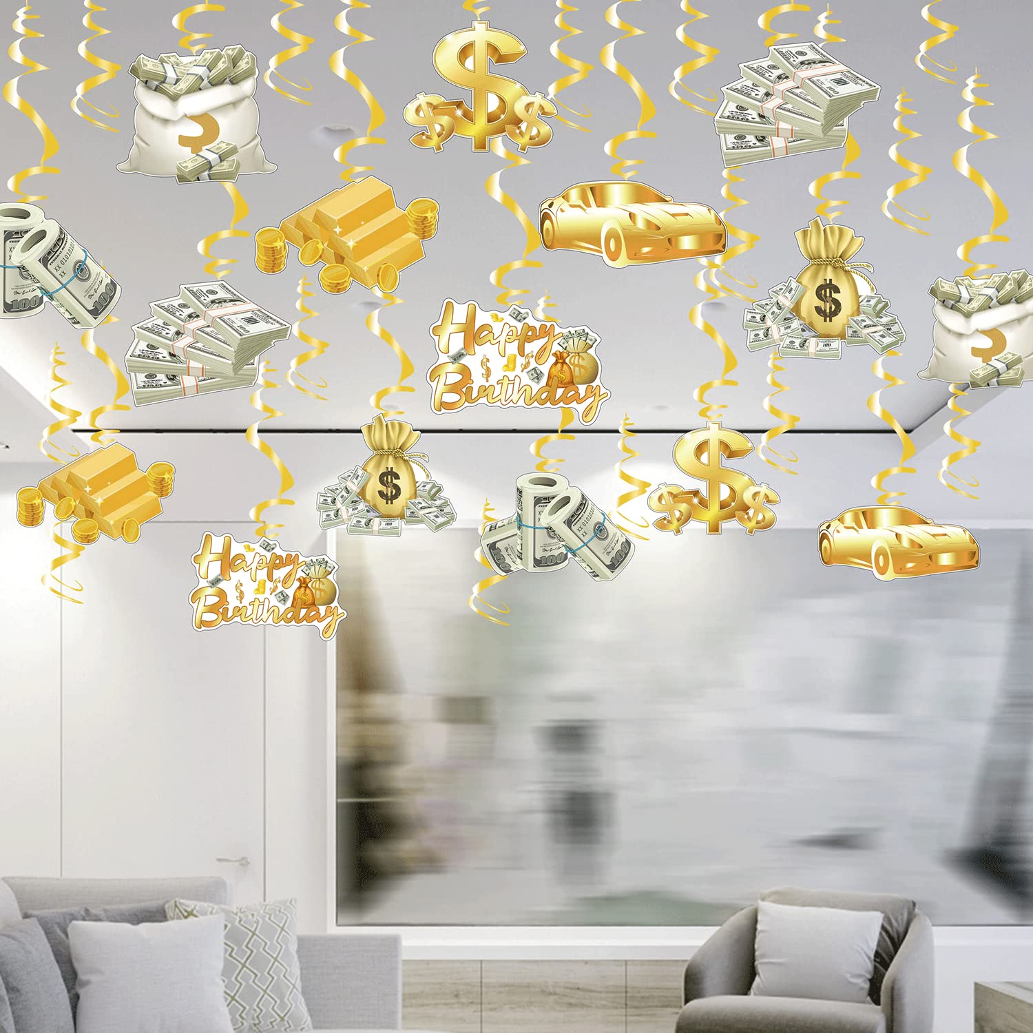 30Pcs Fully-Assembled Money Birthday Party Decorations - Gold Dollar Bill Ceiling Swirls for Casino Theme, Adult Birthday & Special Events - Perfect for Casino Nights, Dollar Themed Parties & Festive Celebrations