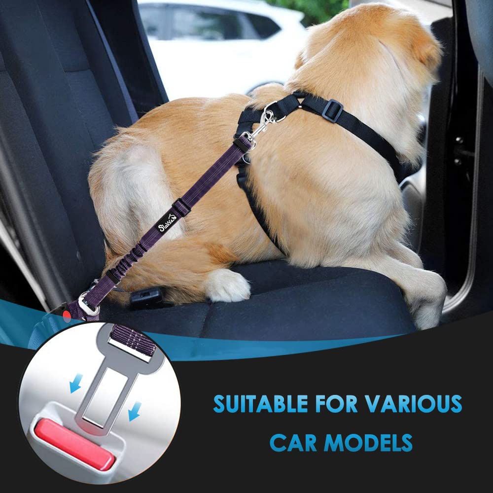 SlowTon 2-Pack Adjustable Dog Seat Belt for Car - Reflective Pet Safety Harness with Elastic Bungee Buffer, 2-in-1 Headrest Restraint & Clip Leash (Purple) - Secure Your Dog During Road Trips & Daily Commutes