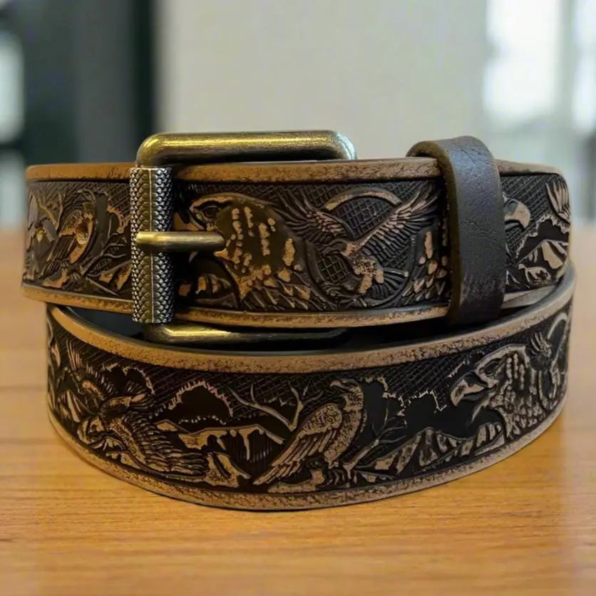 Premium Keldon Genuine Grain Leather Men's Belt with Eagle Embossed Design & Removable Buckle - Classic Dress & Casual Wear for Office, Jeans & Formal Occasions
