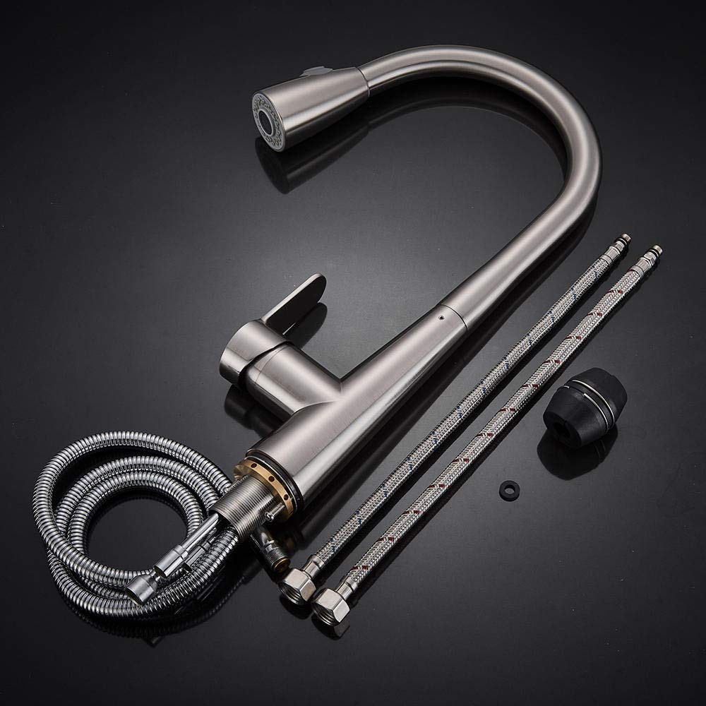 Brushed Nickel Pull-Out Sprayer Kitchen Faucet with Single Handle Mixer Tap, 360° Rotation for Hot & Cold Water, Ideal for Modern Sinks and Compact Kitchens