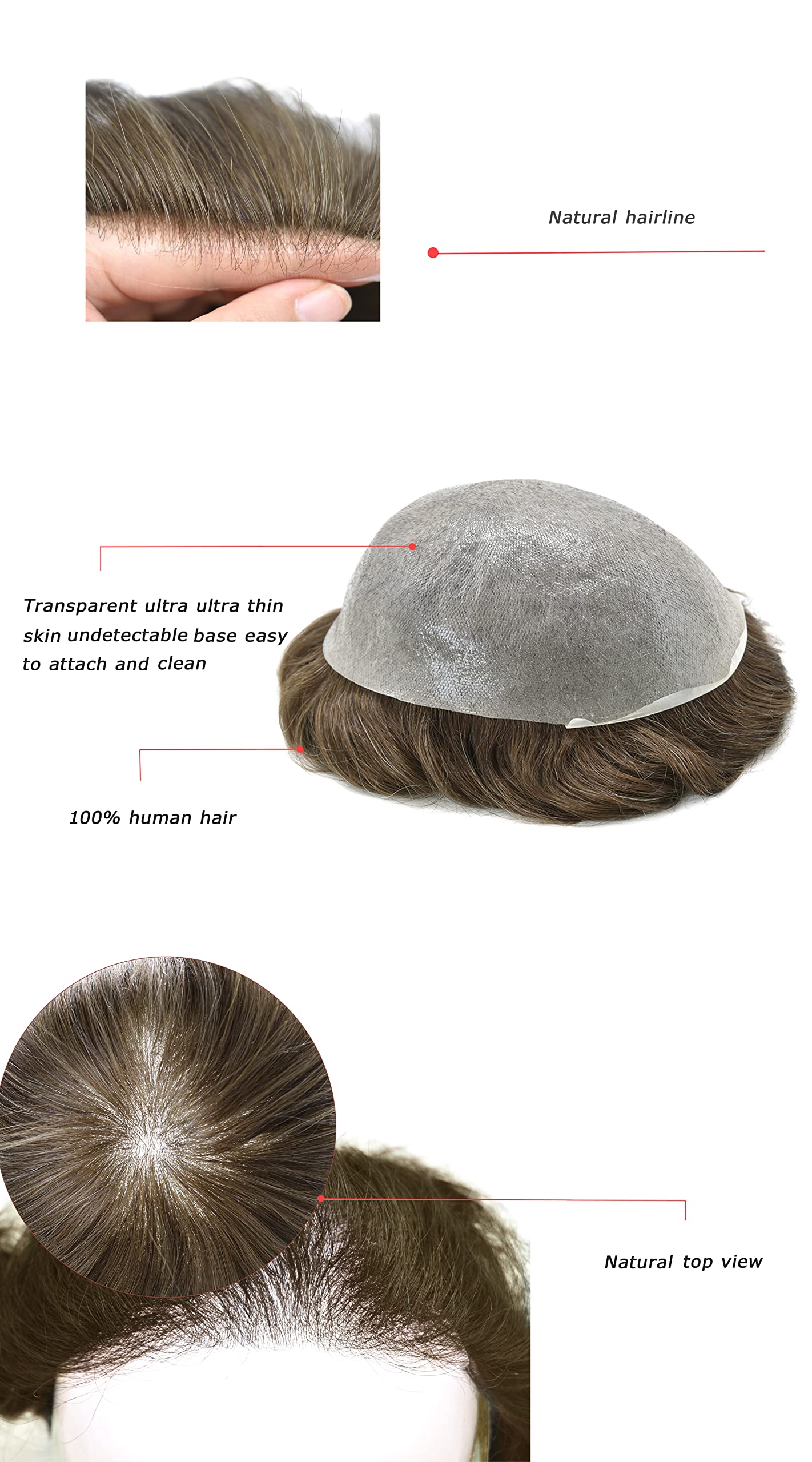 0.03-0.06mm Ultra Thin Skin Men's Hair Replacement System - Natural Human Hair Toupee for Men (8