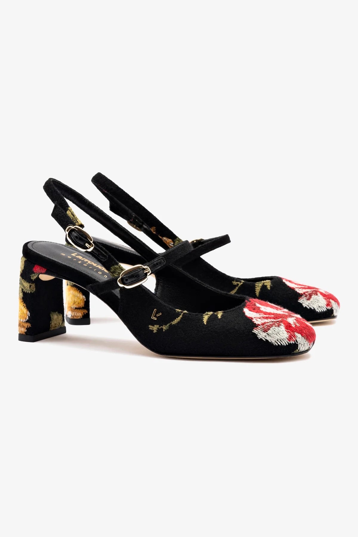 Larroudé x Markarian Black Wool Pump with Floral Embroidery - Elegant Women's Dress Shoes for Weddings, Parties & Special Occasions
