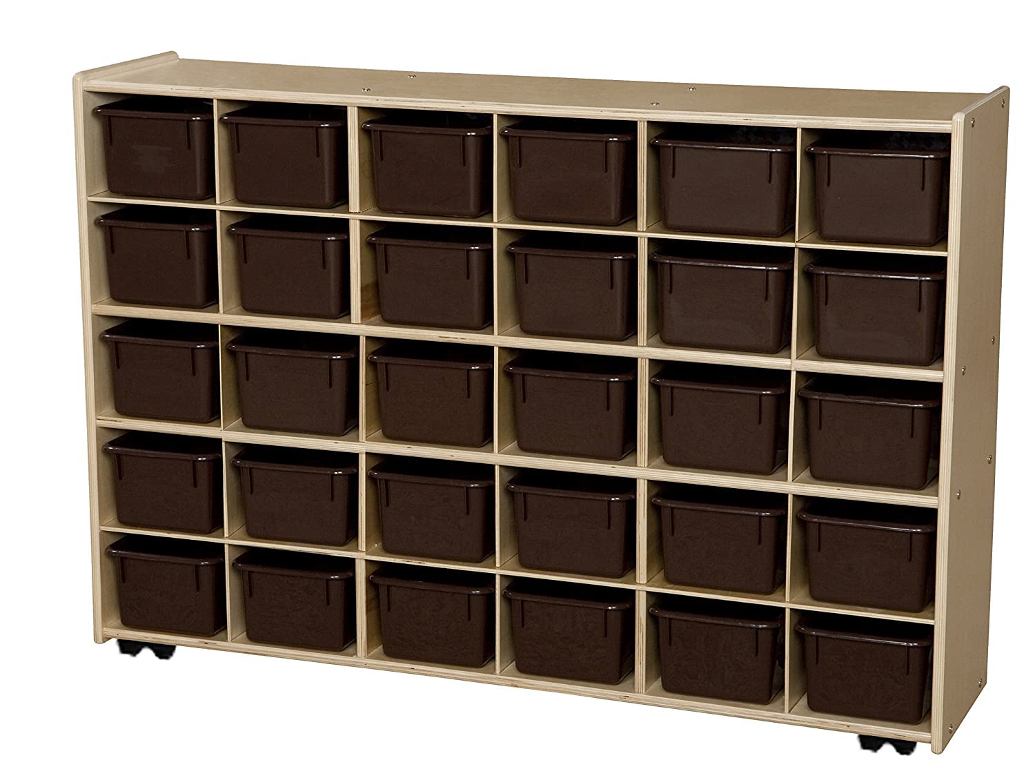 Contender Birch 30-Cubby Toy Storage Cabinet with Brown Trays & Scoop Front Bins - Kids Classroom Organizer with Wheels for Homeschool & Playroom - Fully Assembled Montessori Storage Solution for Toys, Books & Learning Materials