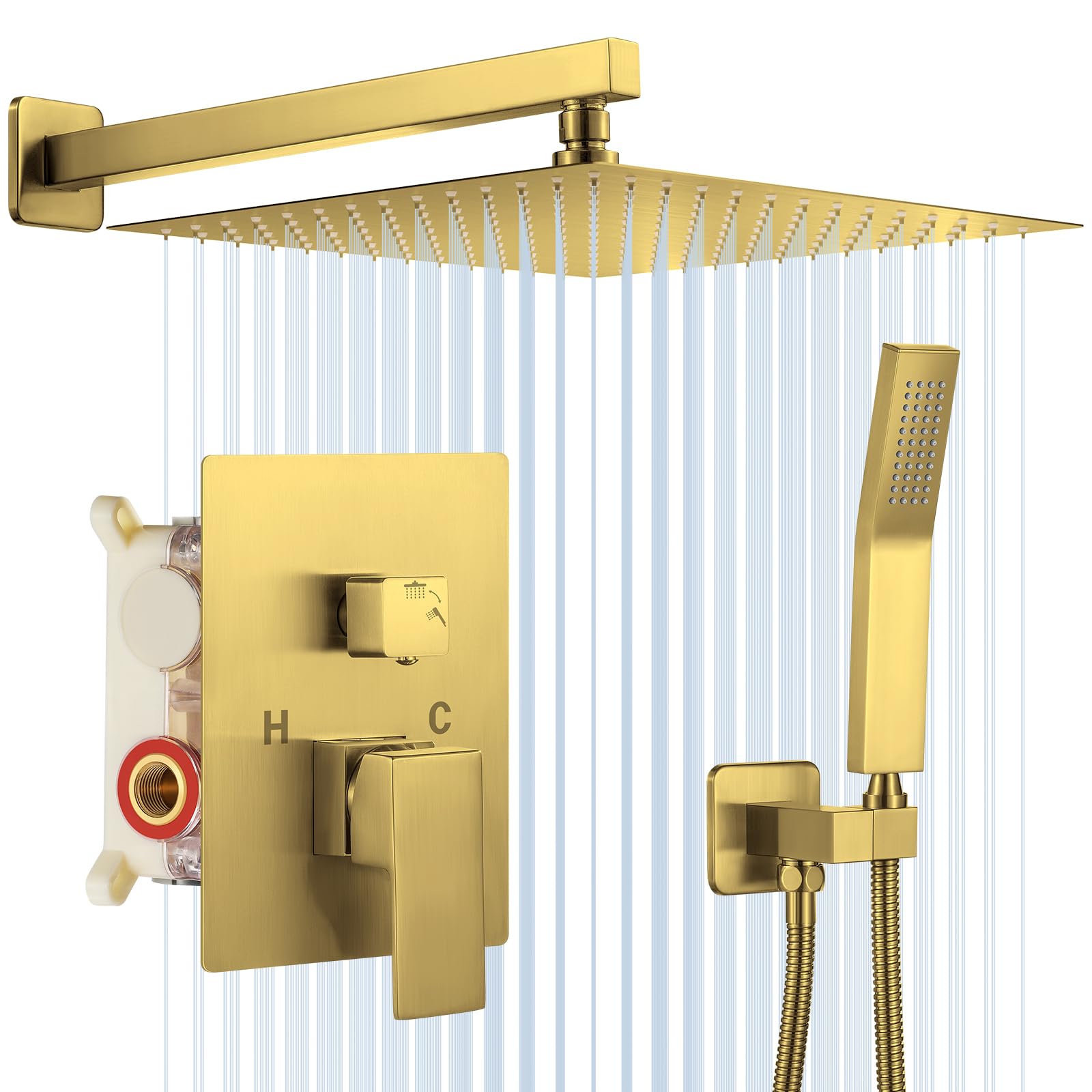 12 Inch Brushed Gold Shower System with Rain Shower Head & Handheld Sprayer - Wall Mounted Complete Bathroom Faucet Set with Rough-in Valve & Trim Kit - Perfect for Modern Bathroom Renovation & Spa-Like Shower Experience