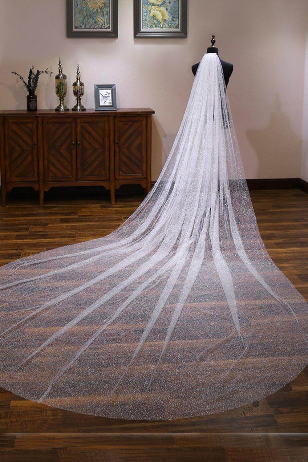 Elegant One-Tier Cut Edge Tulle Cathedral Wedding Veil with Glitter Powder - CV0365 | Perfect for Bridal Ceremonies, Photos & Special Occasions