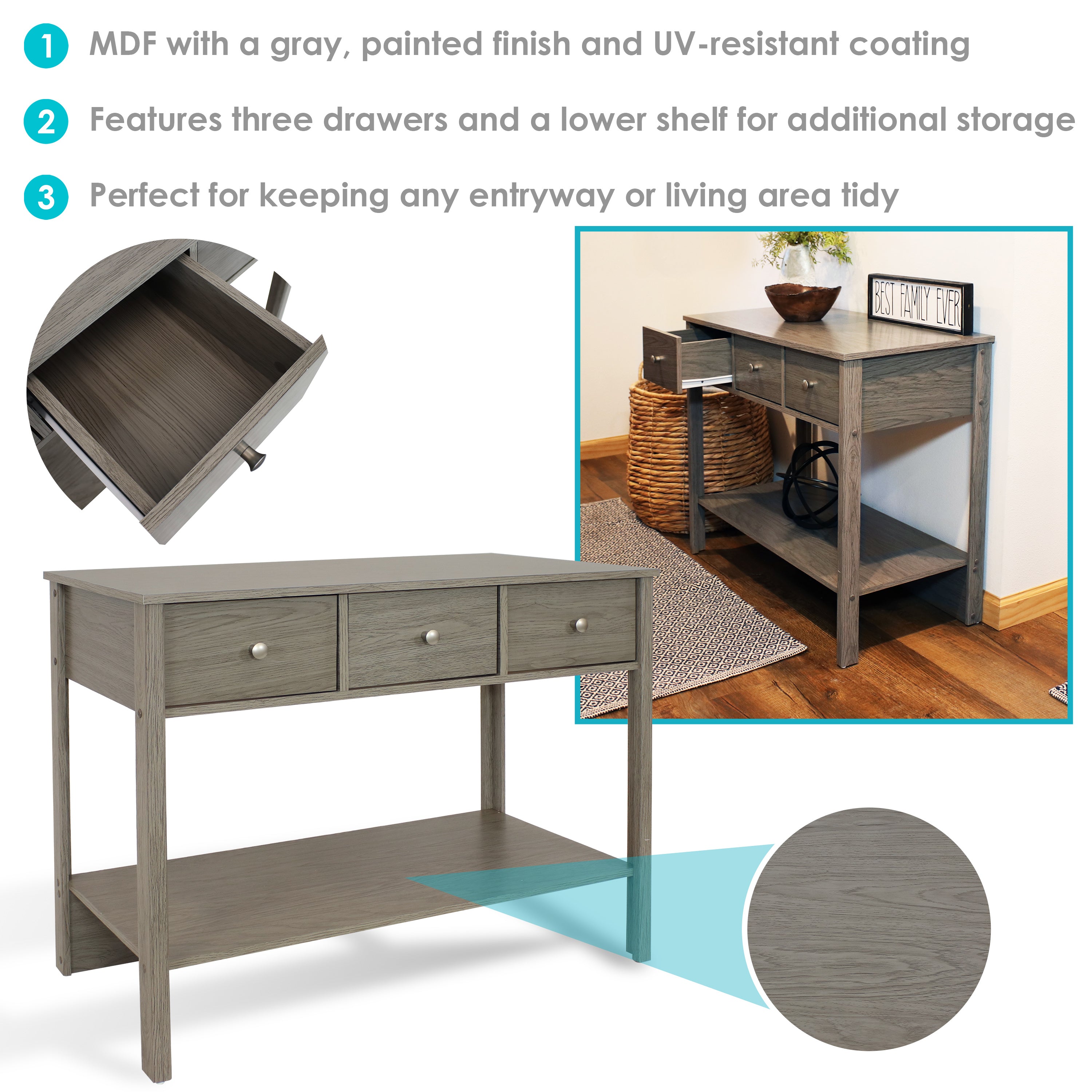 Sunnydaze Classic Entryway Console Table with Drawers - Thunder Gray Wooden Hallway Table for Entryway, Living Room & Foyer Decor