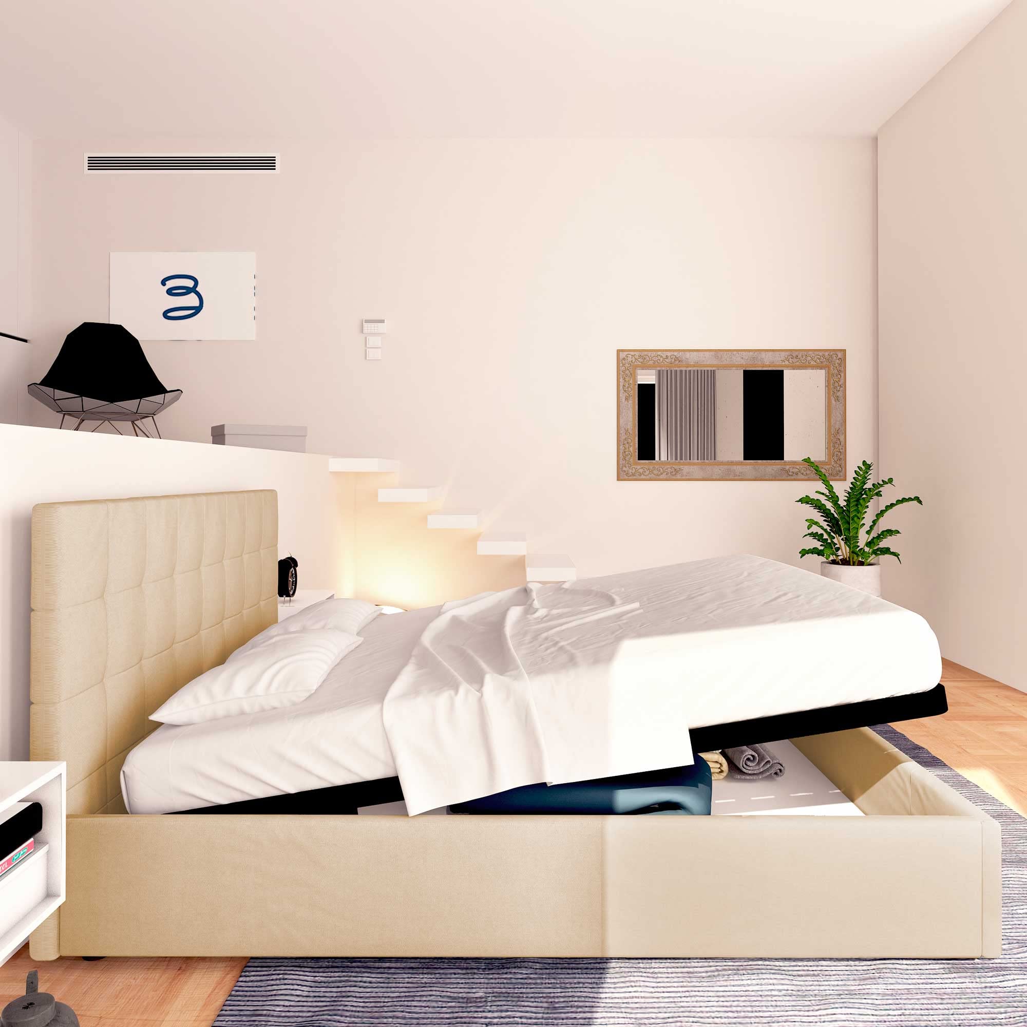 Baldiflex Single Bed with Storage, Dublin Model, Synthetic Leather Upholstery, Slatted Base for Single Mattresses, 120 x 190 cm, Elegant Beige Headboard - Perfect for Small Bedrooms, Guest Rooms & Studio Apartments