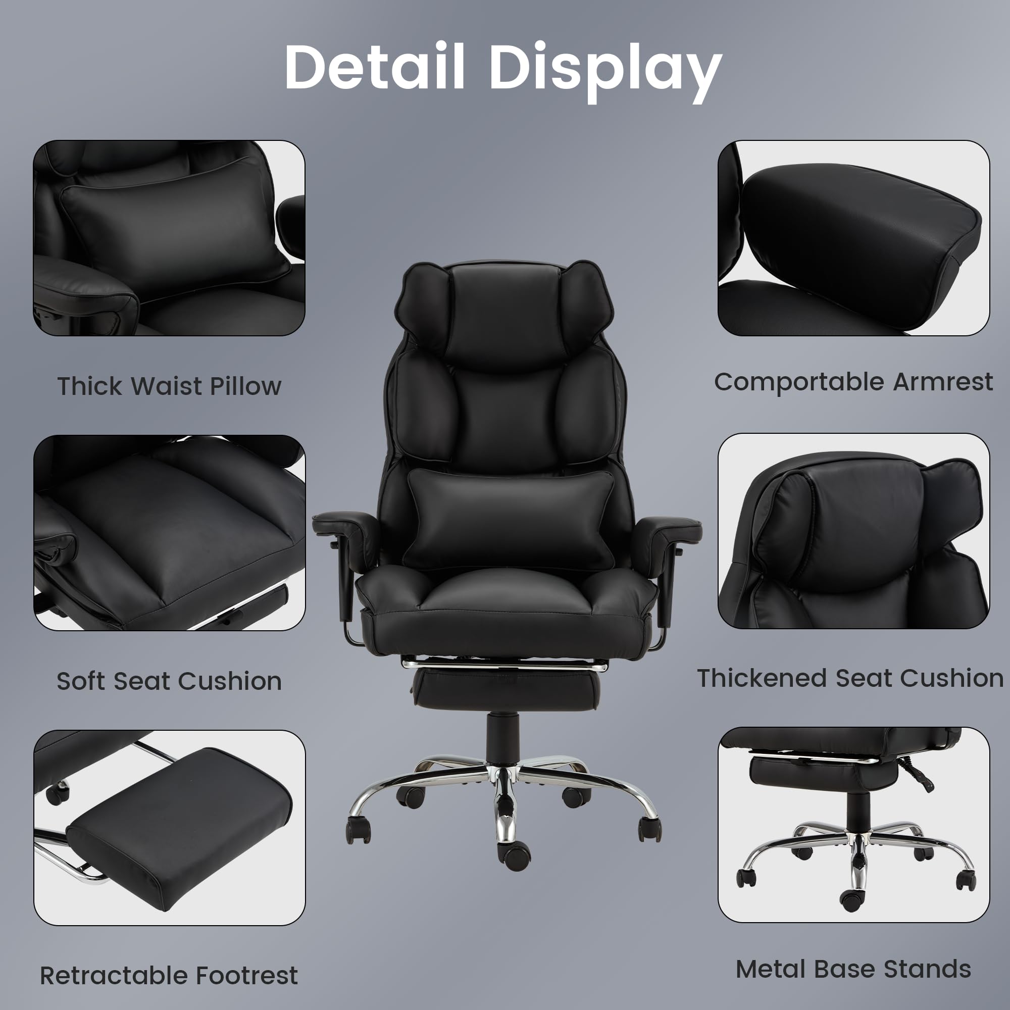 HOMREST Ergonomic Reclining Office Chair with Footrest - Big and Tall Executive Leather Desk Chair for Home & Computer Work - Comfortable High Back Support for Long Hours (Black) - Perfect for Home Office, Gaming, and Remote Work