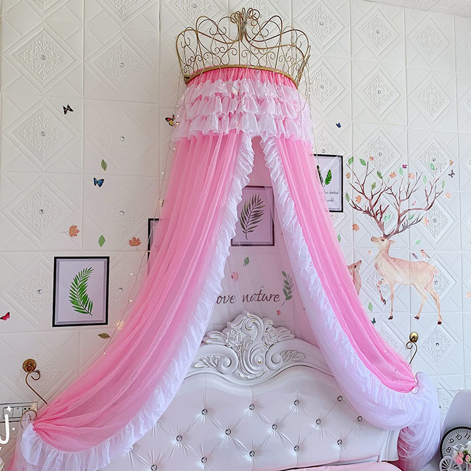 Golden Crown Lace Princess Bed Canopy with Lights - Romantic Double Layer Bed Valance for Girls Bedroom Decor, Pink (4ft/5ft) - Perfect for Birthday Gifts, Nursery Room & Fairy Tale Themed Bedrooms