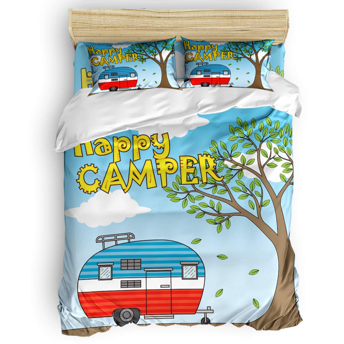 Vintage RV Camping Duvet Cover Set - 4-Piece Bedding for Kids, Teens & Adults - 50% Cotton 50% Polyester Twin Size - Perfect for Travel Trailers, Campers & Cozy Home Decor