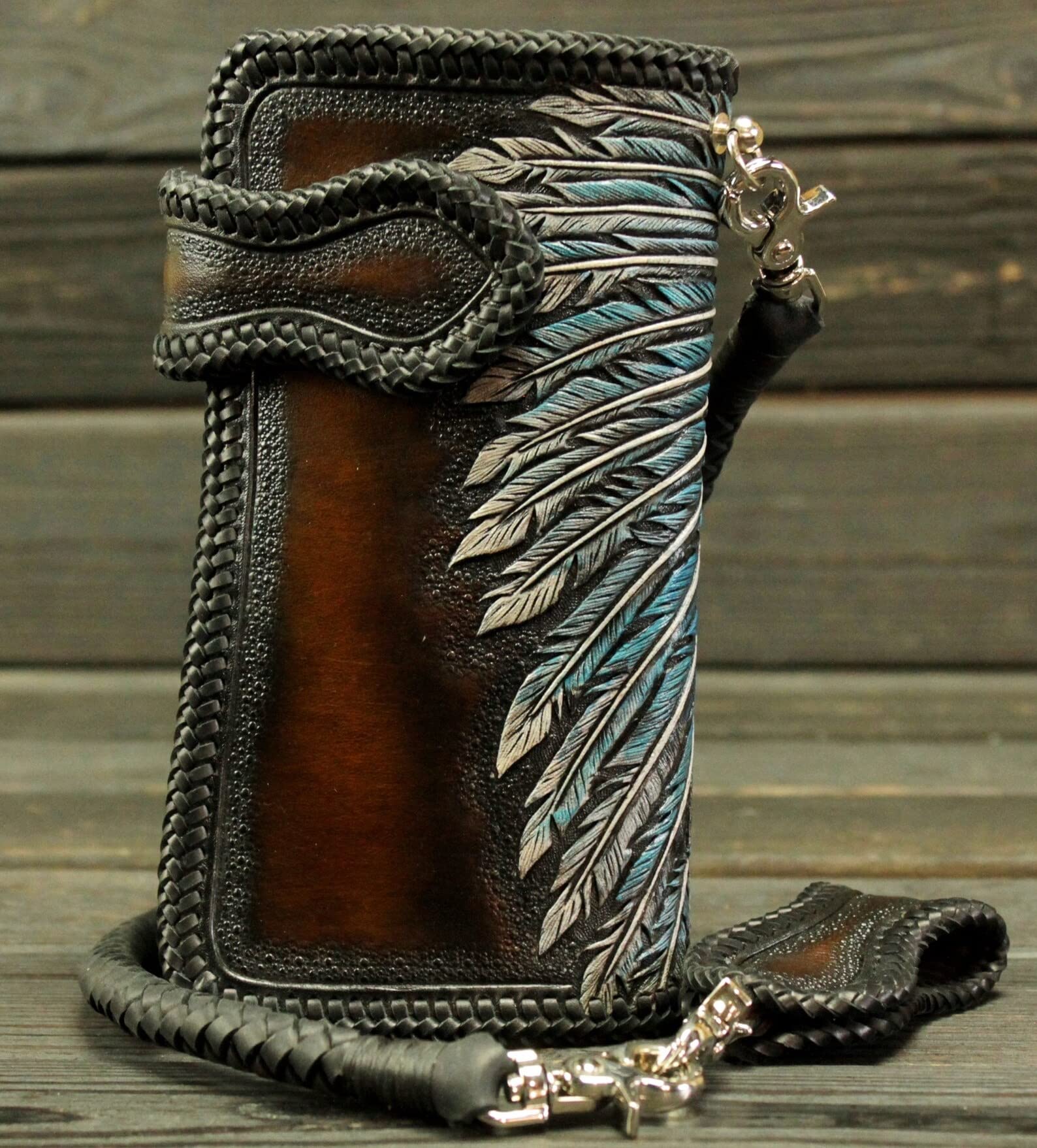 Handmade 3D Genuine Leather Biker Wallet for Men - Custom Hand-Carved & Hand-Painted with Native American Skull & Skeleton Design - Perfect for Motorcycle Riders, Gift Giving & Western Fashion Enthusiasts