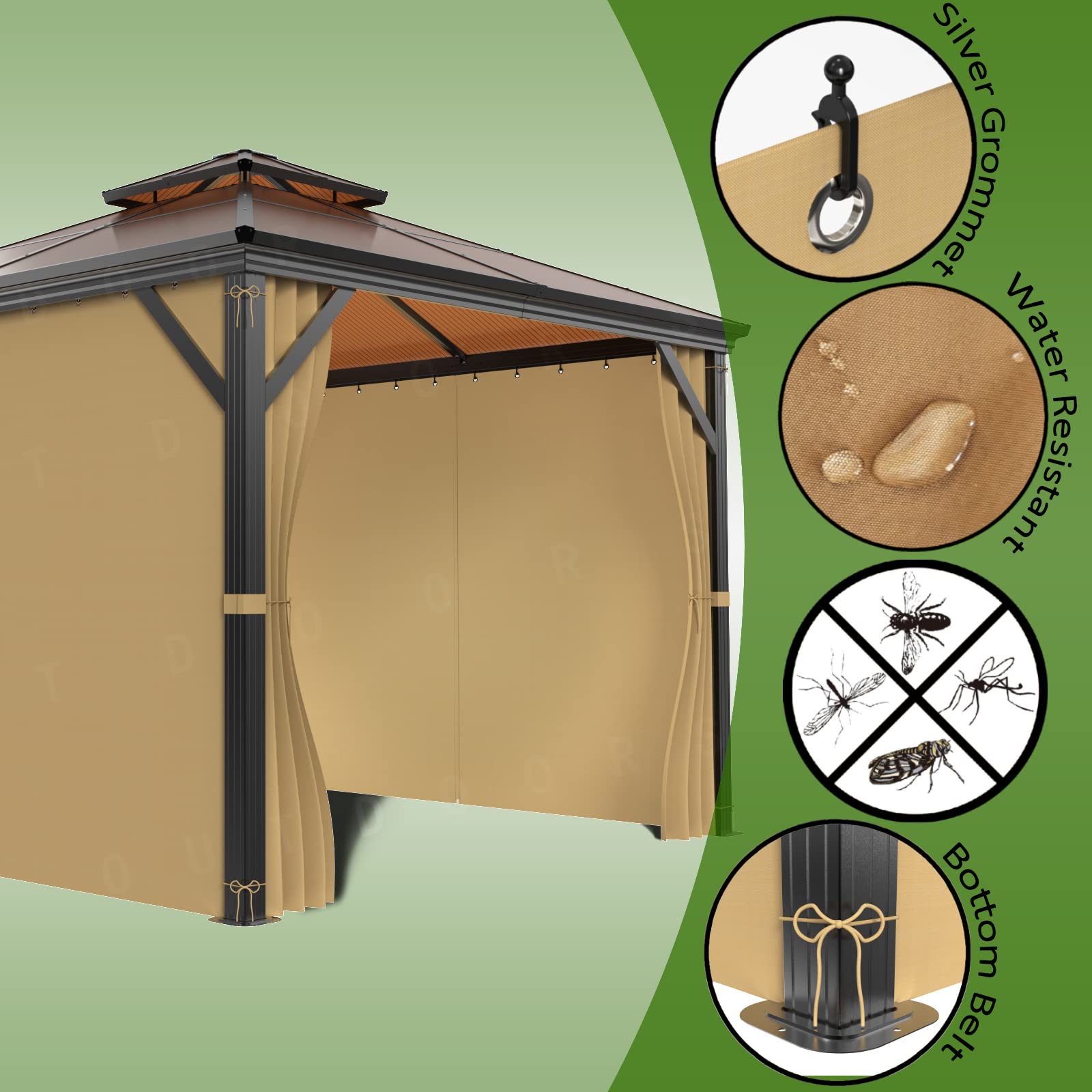 Universal Replacement Gazebo Curtains - 4-Panel Privacy Shade Sidewall with Zipper - 12'x12' Khaki Outdoor Curtains - Perfect for Patio, Deck, Backyard & Garden Privacy Protection