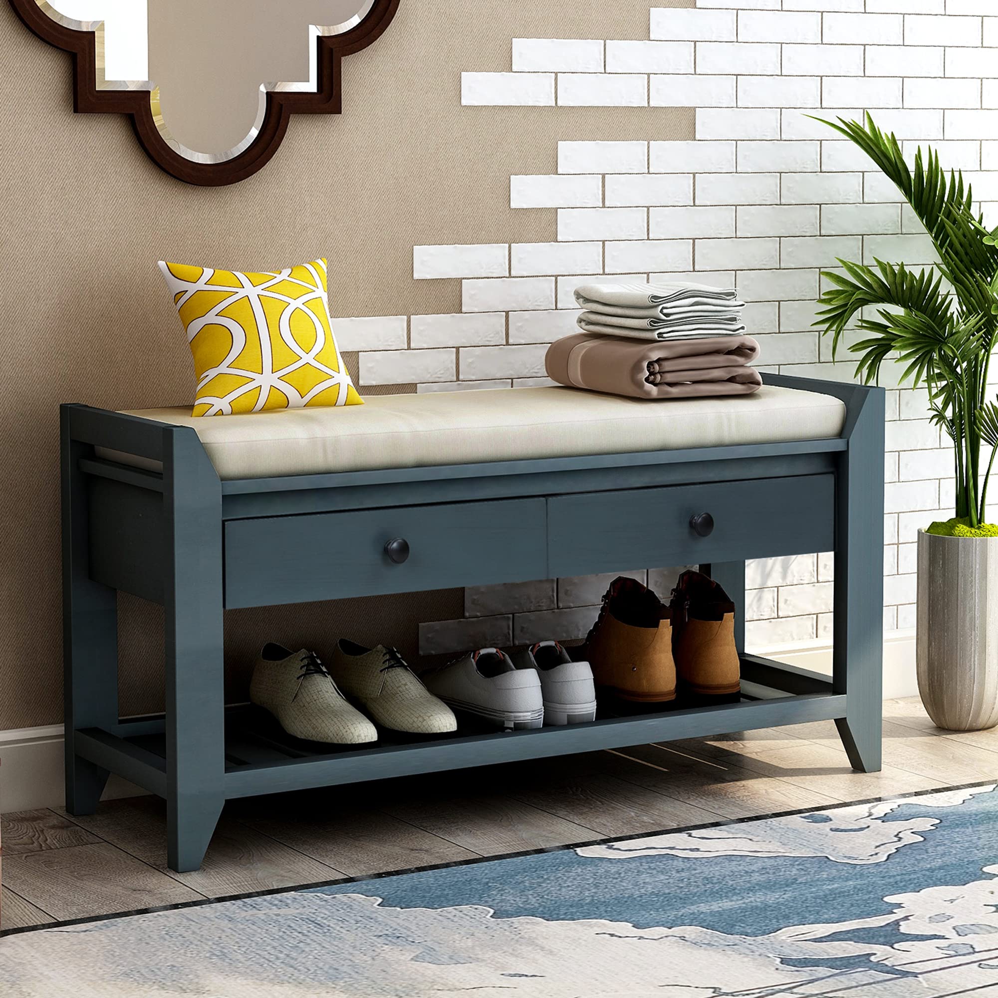 P PURLOVE Entryway Storage Bench with Cushioned Seat - Shoe Rack Organizer with 2 Drawers & Storage Shelf, Antique Navy - Perfect for Hallway, Mudroom, and Bedroom Organization