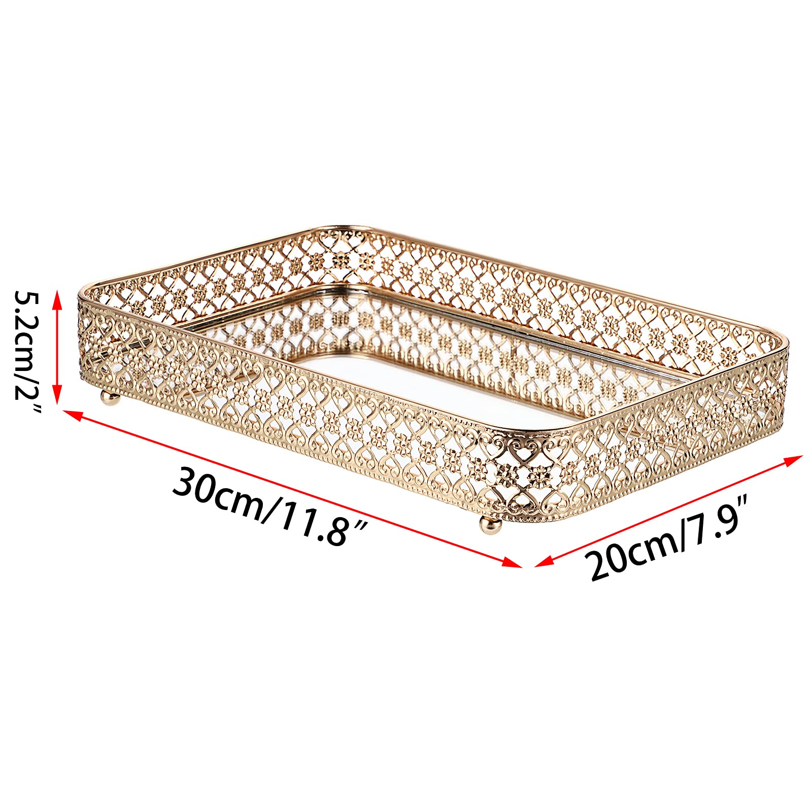 ELLDOO Gold Vanity Tray for Jewelry & Makeup - Hollow-Carved Glass & Metal Organizer with Mirror, Dresser & Bathroom Countertop Storage (Medium Size) - Perfect for Displaying Perfume Bottles, Rings & Cosmetics